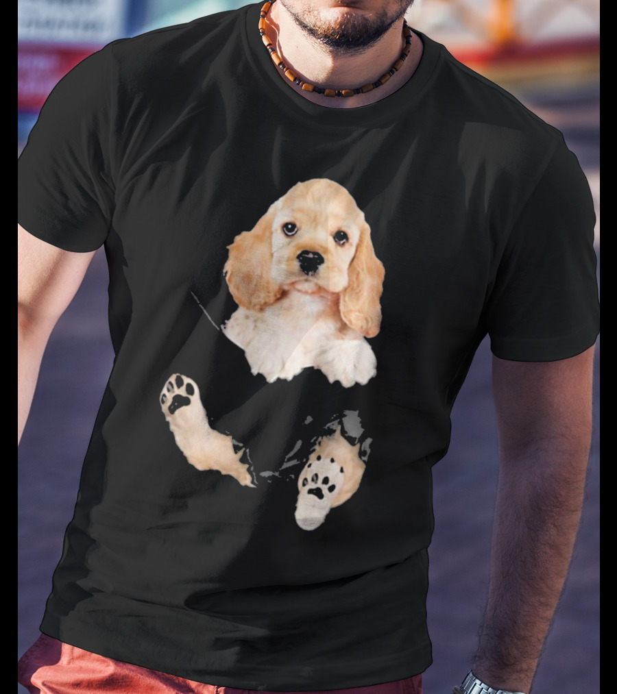 Cocker Spaniel Puppy With Paws Peeking From Pocket T-Shirt