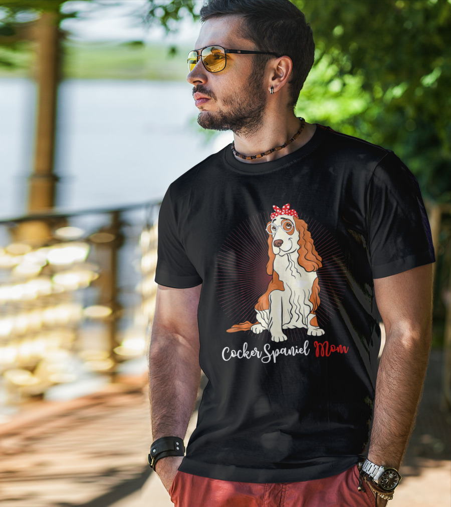 Cocker Spaniel Mom With Glasses And Red Polka Dot Bandana T-Shirt