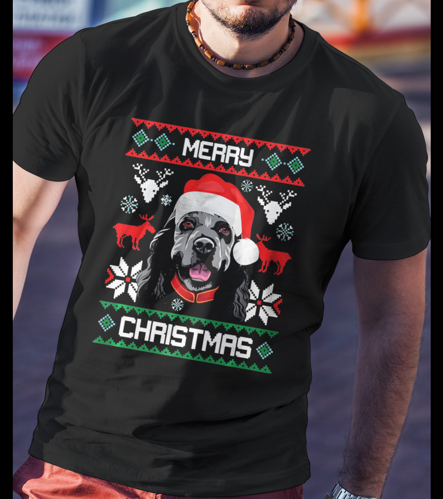 Merry Christmas Cocker Spaniel Dog Santa Hat Retro Holiday T-Shirt