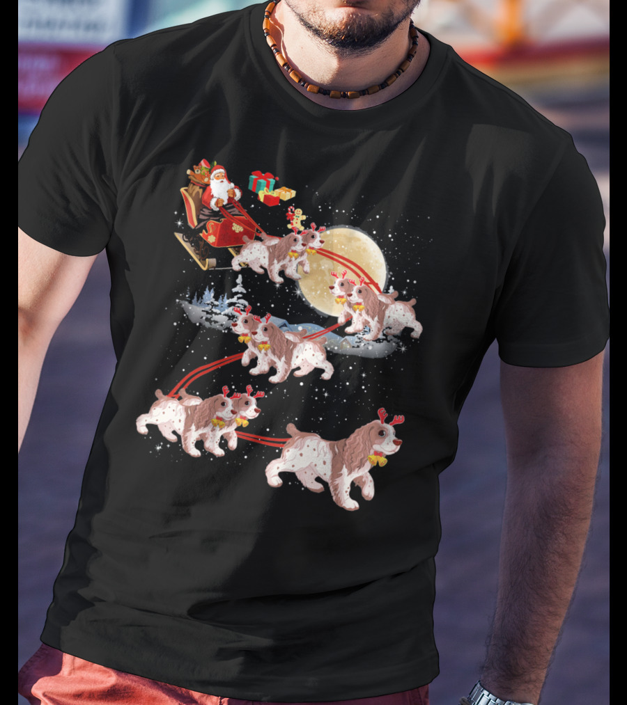 Cocker Spaniel Reindeer Christmas Santa Sleigh Moon T-Shirt