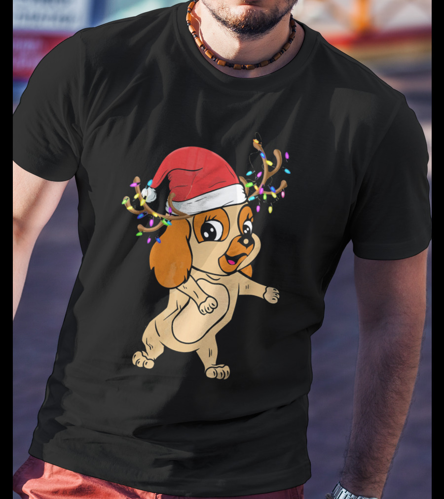 Cocker Spaniel Reindeer Christmas Funny Dog With Santa Hat And Festive Antlers T-Shirt