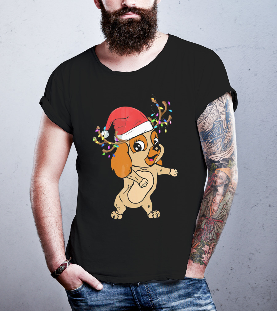 Cocker Spaniel Reindeer Christmas Funny Dog With Santa Hat And Festive Antlers T-Shirt
