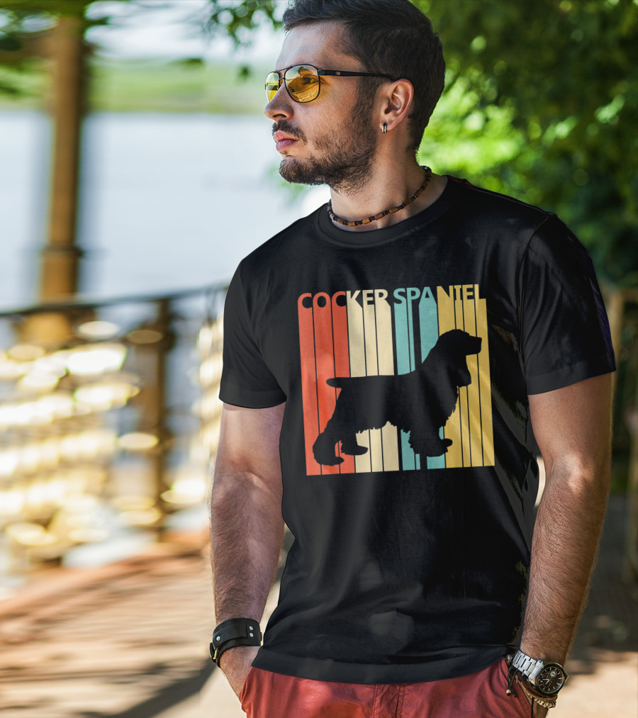 Cocker Spaniel Silhouette Retro Colors For Dog Dad T-Shirt
