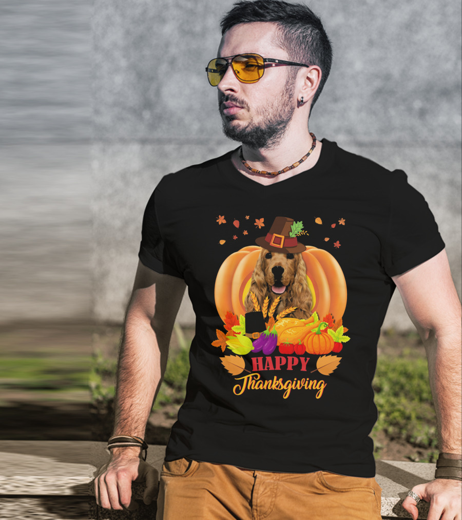 Happy Thanksgiving Cocker Spaniel With Pumpkins And Autumn Harvest T-Shirt