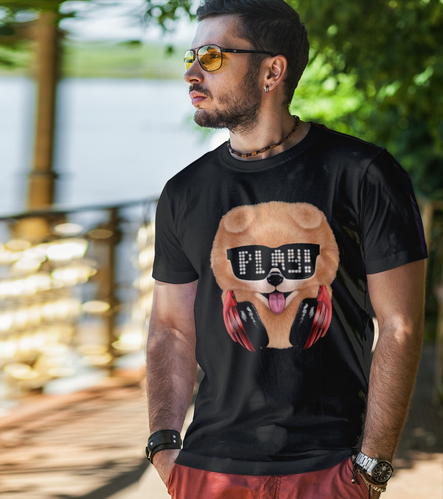 Cream Pomeranian Dog DJ In Sunglass With Play Headphones T-Shirt