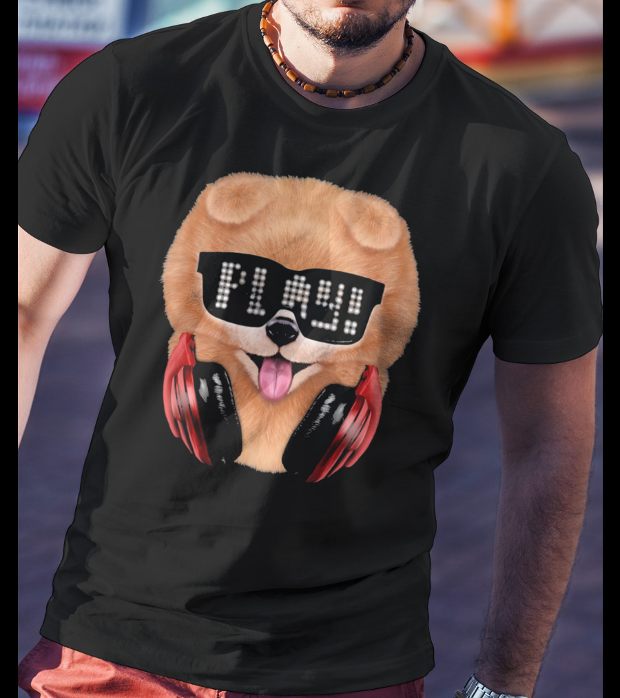 Cream Pomeranian Dog DJ In Sunglass With Play Headphones T-Shirt