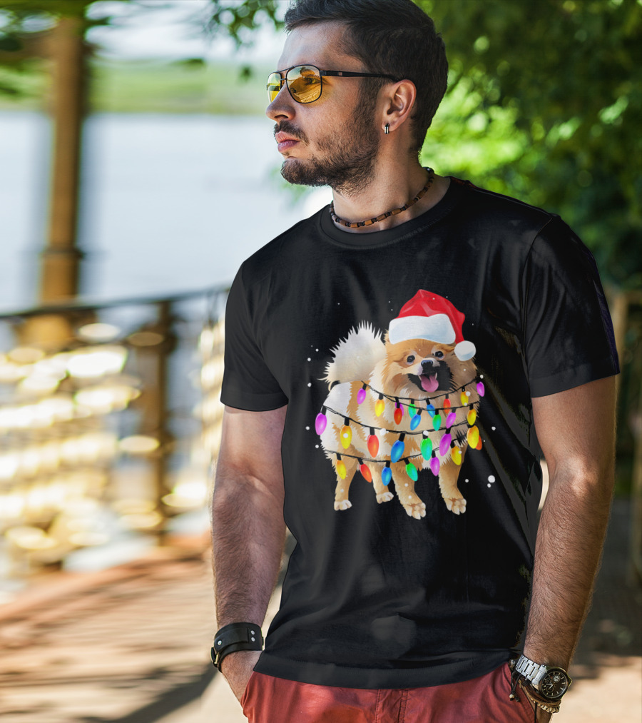 Pomeranian With Santa Hat And Colorful Christmas Lights T-Shirt