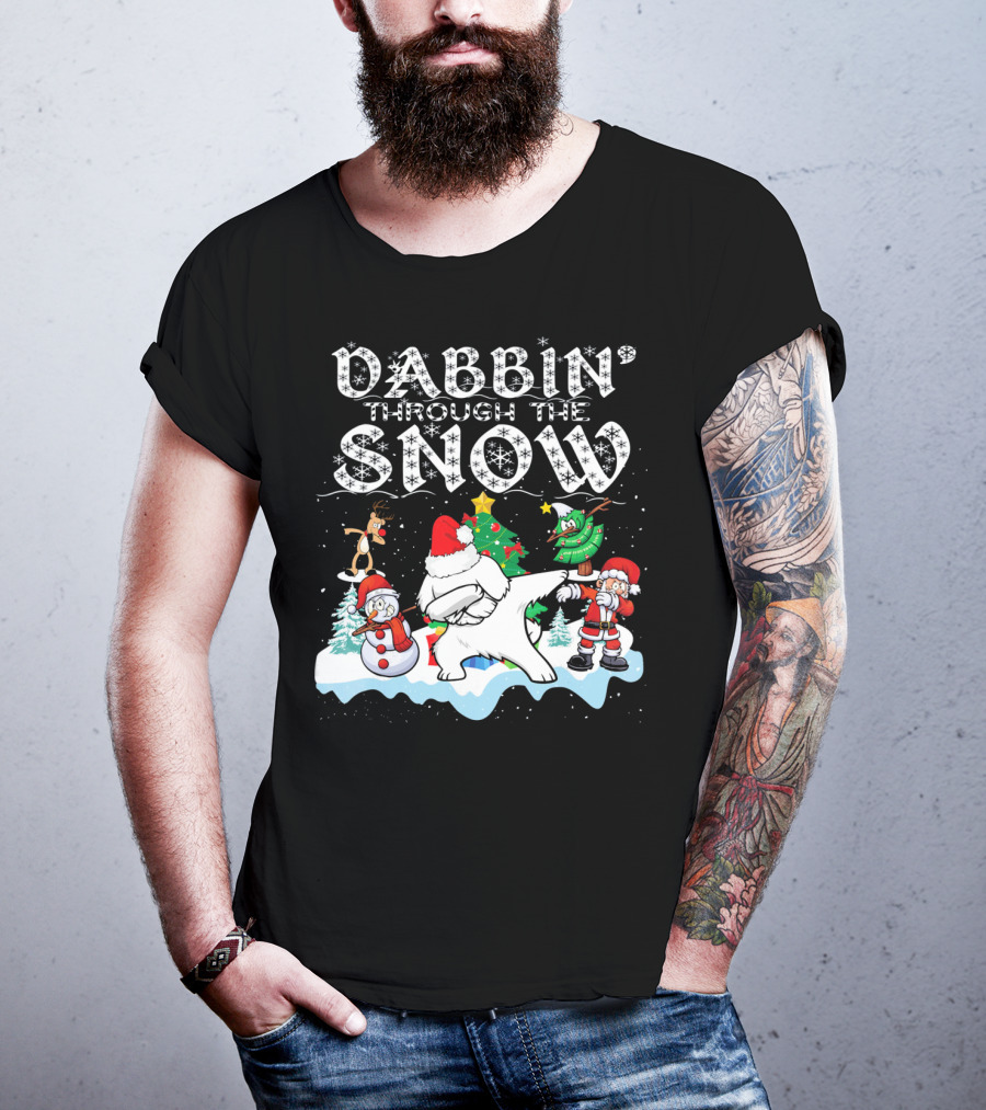 Dabbin Through The Snow Santa Maltese Dog Snowman Christmas Tree T-Shirt