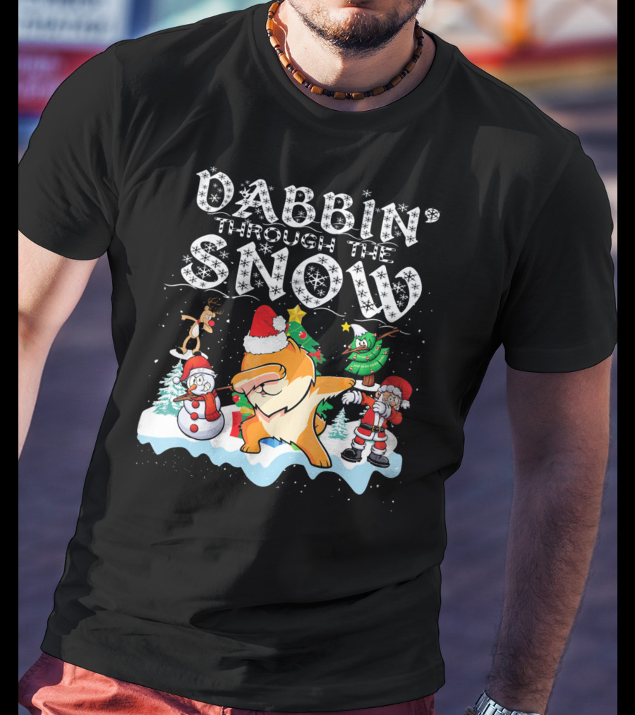Dabbin Through The Snow Pomeranian Dog With Santa Snowman And Reindeer T-Shirt