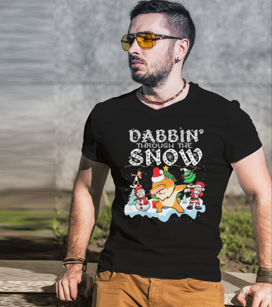 Dabbin Through The Snow Pomeranian Dog With Santa Snowman And Reindeer T-Shirt