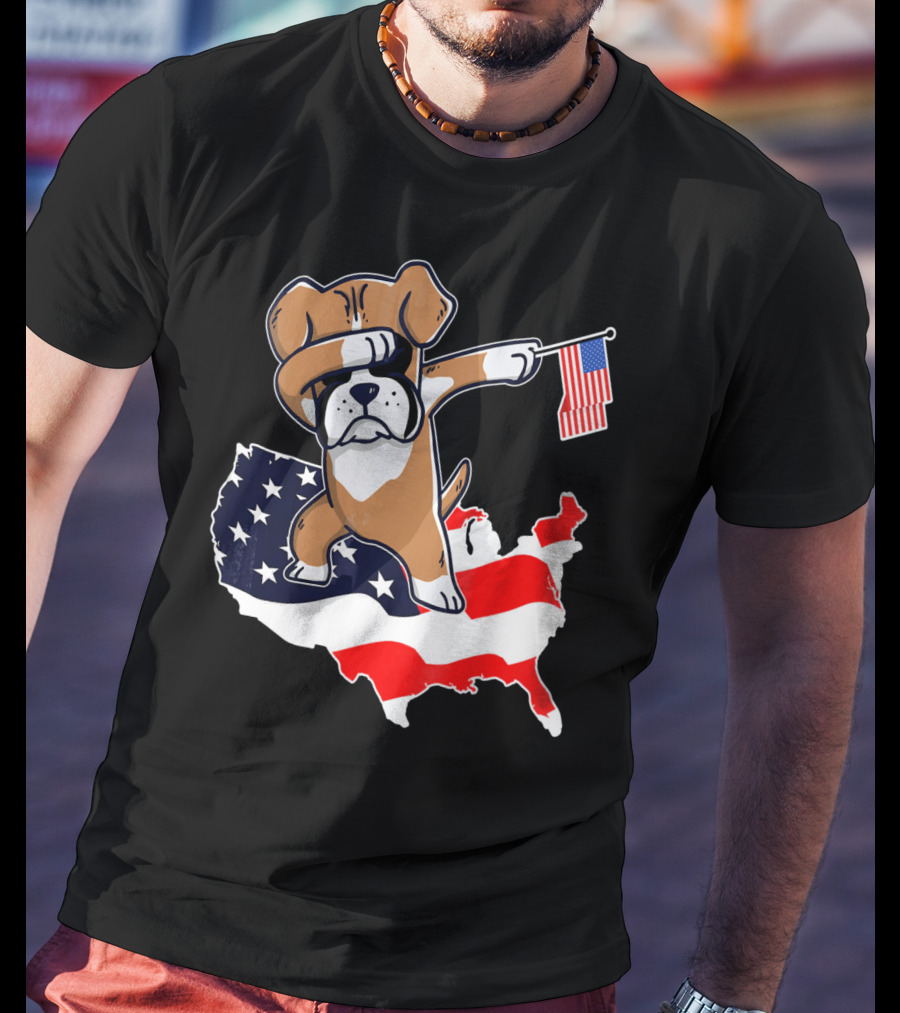 Dabbing Boxer Dog With American Flag Map Background T-Shirt