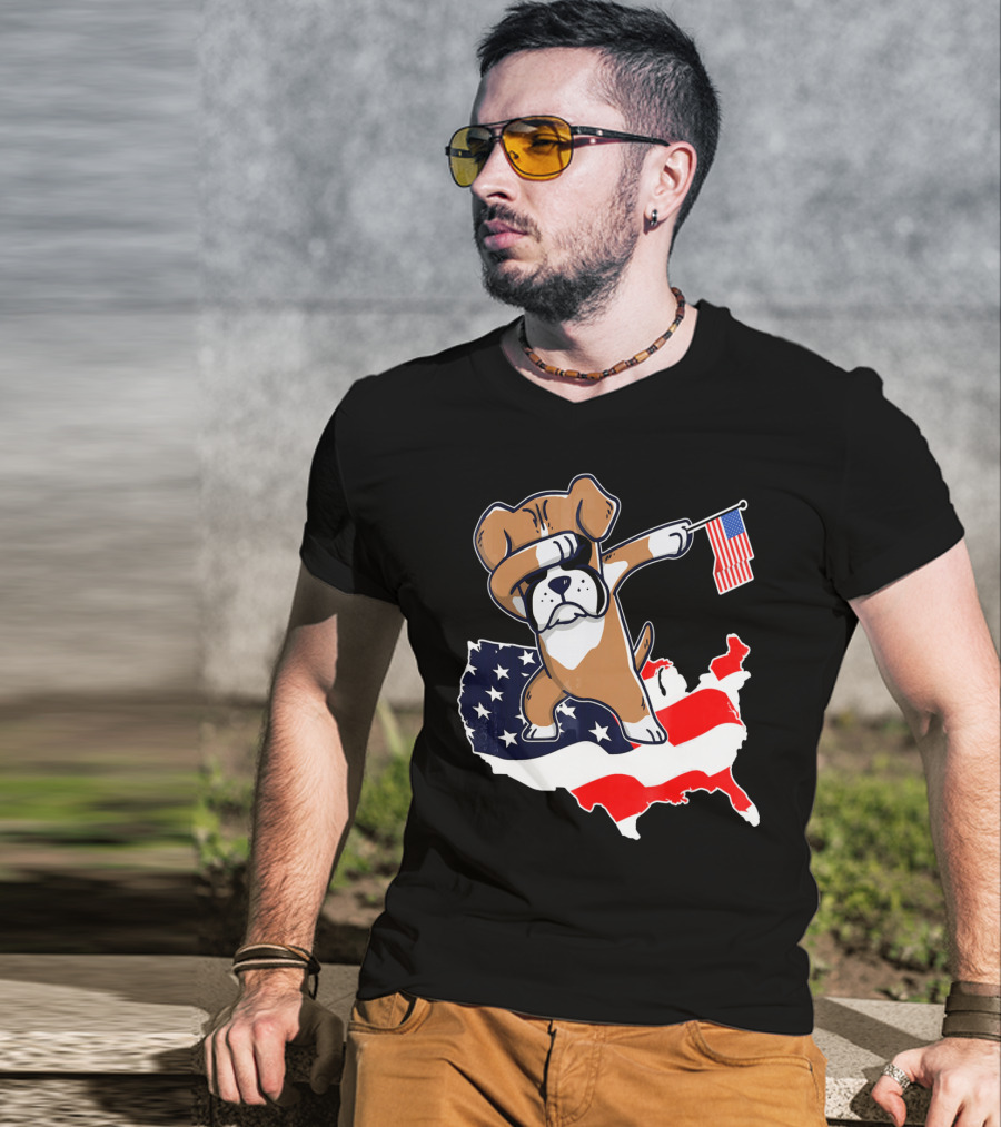 Dabbing Boxer Dog With American Flag Map Background T-Shirt