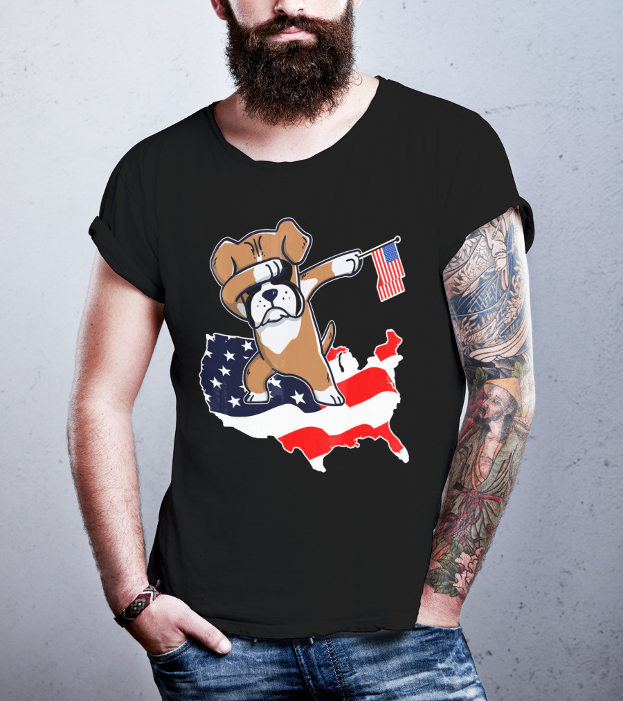 Dabbing Boxer Dog With American Flag Map Background T-Shirt