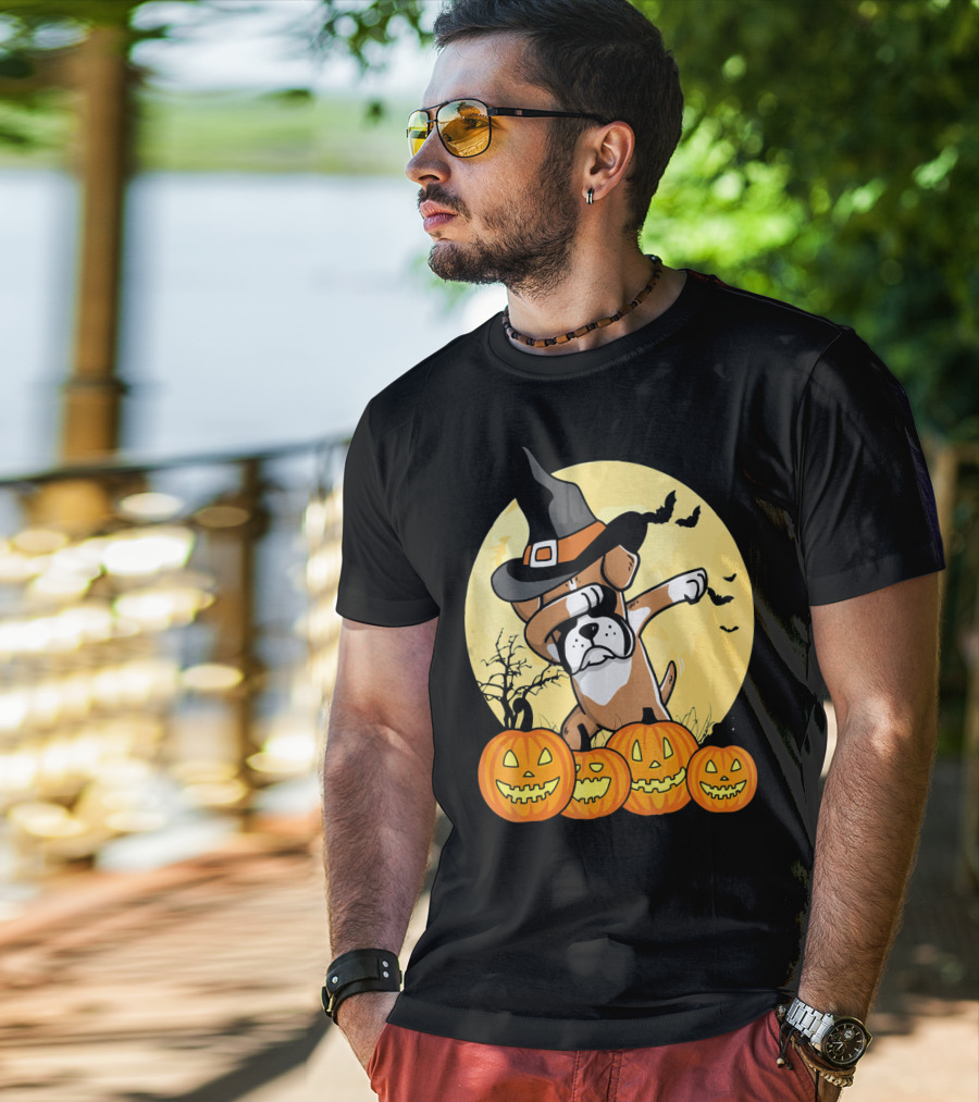 Dabbing Boxer Dog Witch Hat Pumpkin Halloween Dab Dance T-Shirt