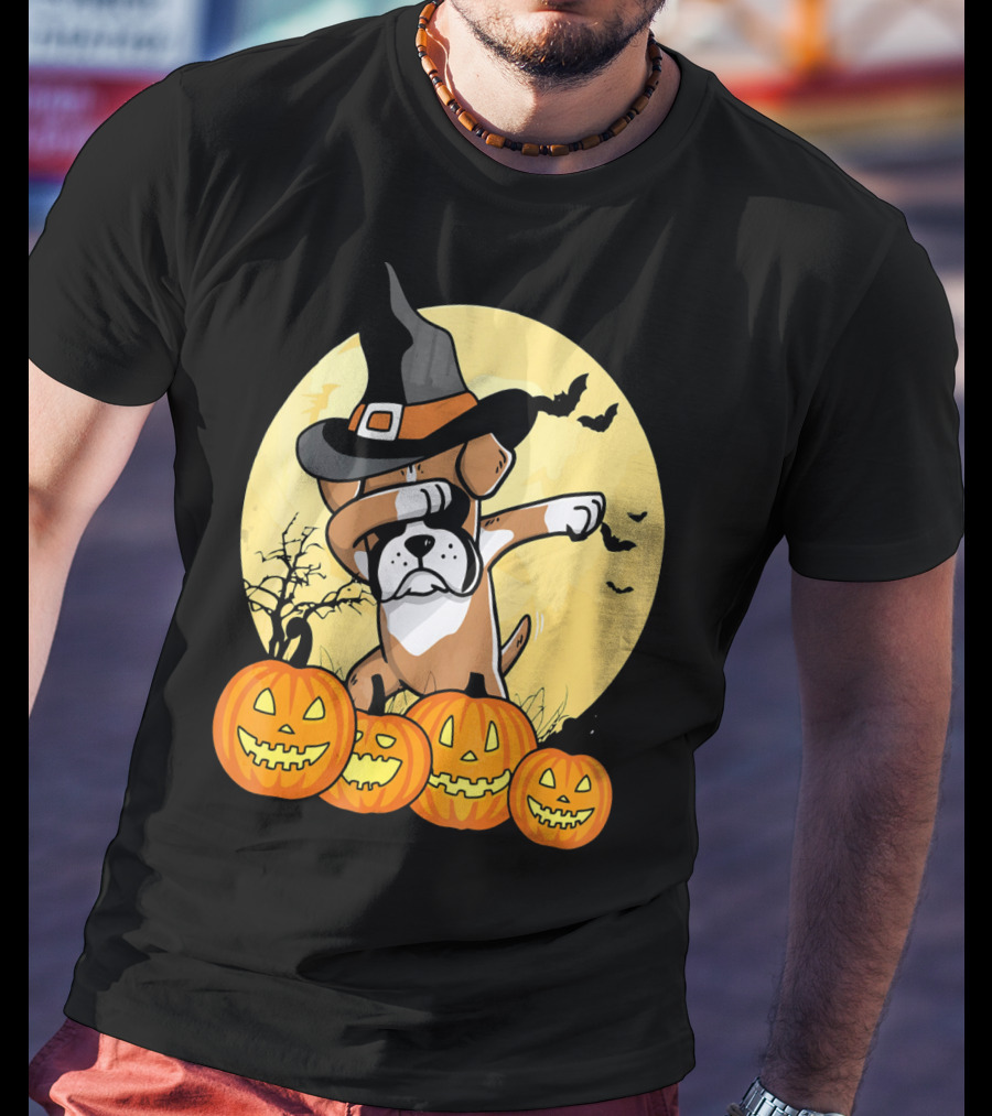 Dabbing Boxer Dog Witch Hat Pumpkin Halloween Dab Dance T-Shirt