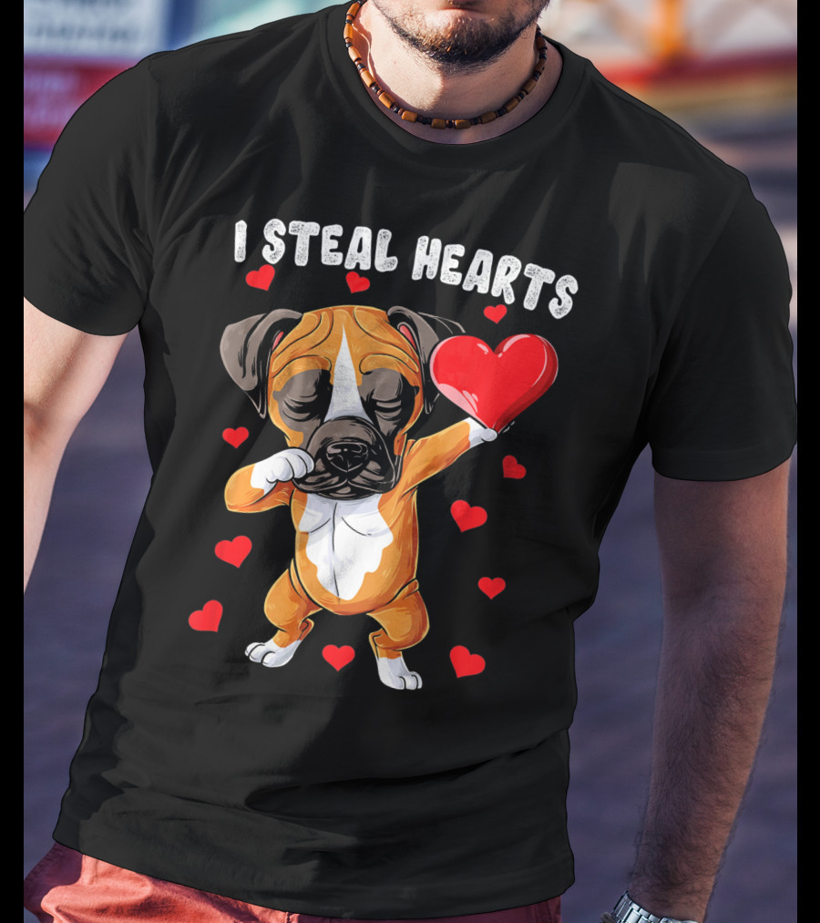Dabbing Boxer Dog Holding Red Heart I Steal Hearts T-Shirt