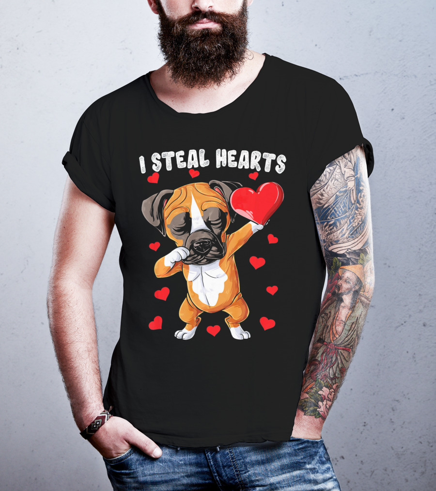 Dabbing Boxer Dog Holding Red Heart I Steal Hearts T-Shirt