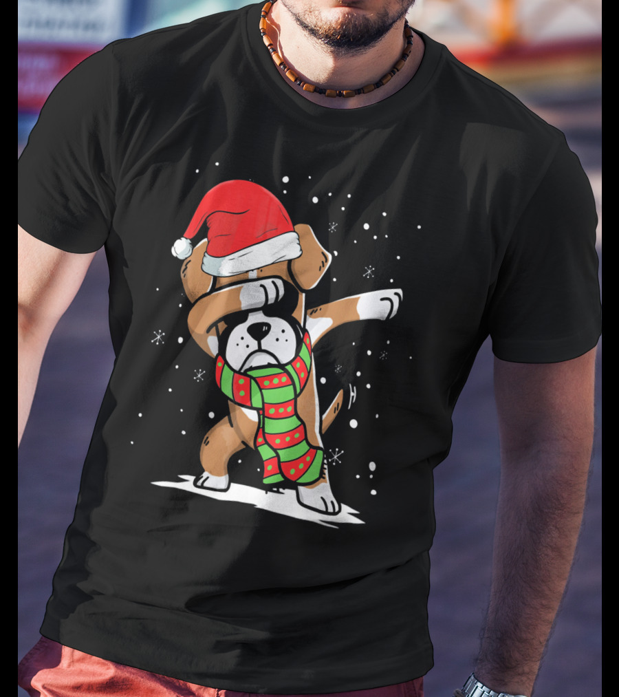 Festive Dabbing Boxer Dog In Santa Hat And Scarf For Christmas Dog Lovers T-Shirt