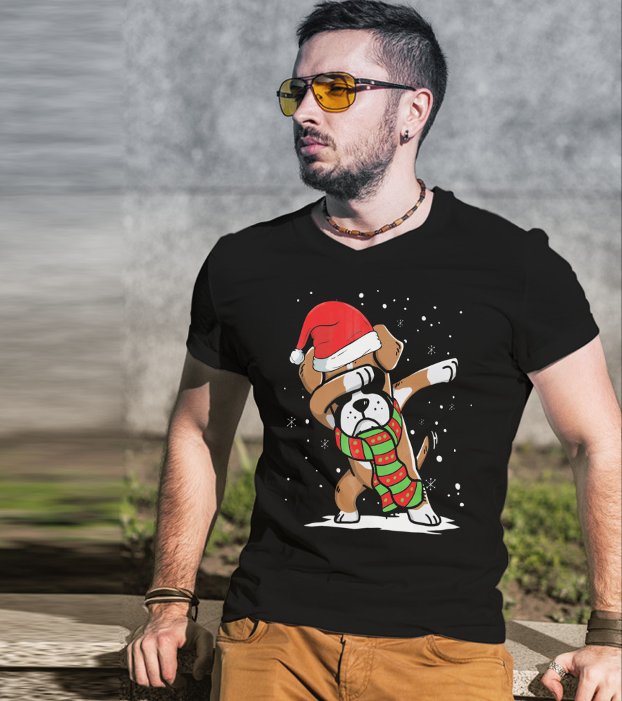 Festive Dabbing Boxer Dog In Santa Hat And Scarf For Christmas Dog Lovers T-Shirt