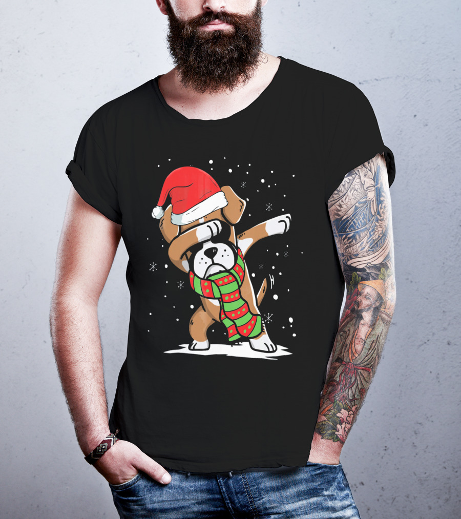 Festive Dabbing Boxer Dog In Santa Hat And Scarf For Christmas Dog Lovers T-Shirt