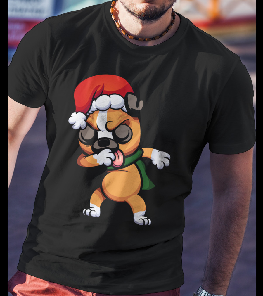 Dabbing Boxer Santa Dog Cartoon With Christmas Hat And Scarf T-Shirt