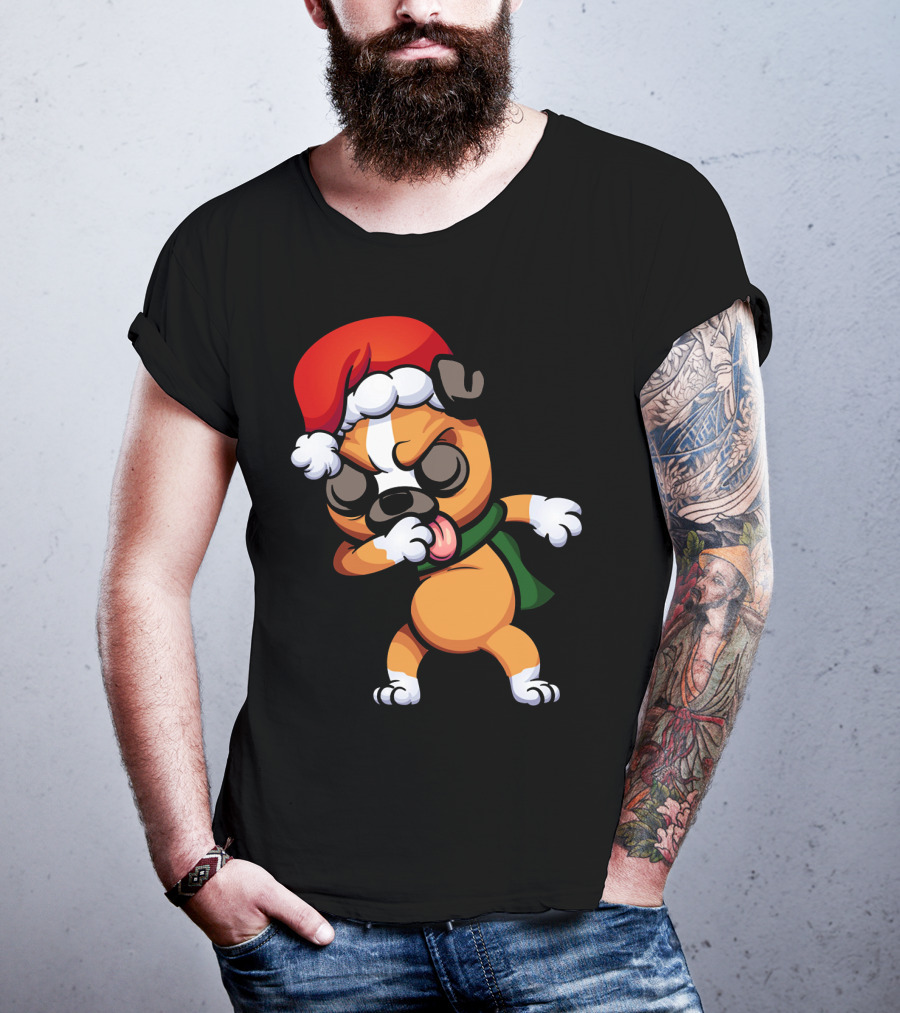 Dabbing Boxer Santa Dog Cartoon With Christmas Hat And Scarf T-Shirt
