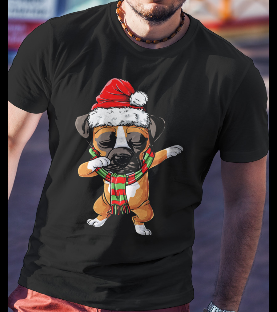 Boxer Dog Dabbing Santa Hat Christmas Scarf T-Shirt