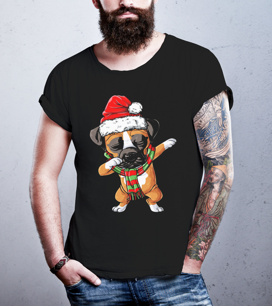Boxer Dog Dabbing Santa Hat Christmas Scarf T-Shirt