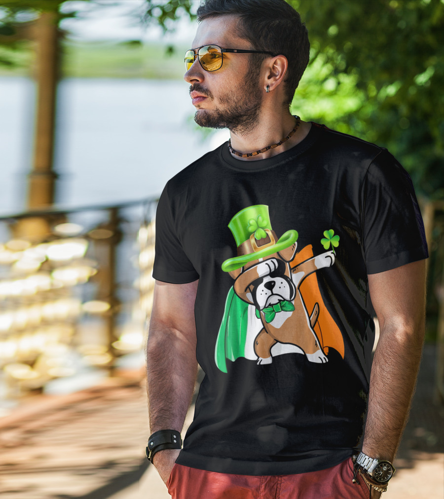 Lucky Boxer Dabbing With Irish Flag And Shamrock Hat T-Shirt