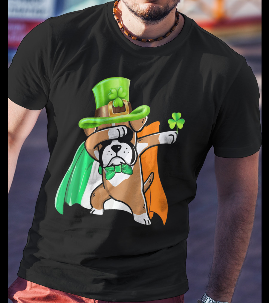 Lucky Boxer Dabbing With Irish Flag And Shamrock Hat T-Shirt