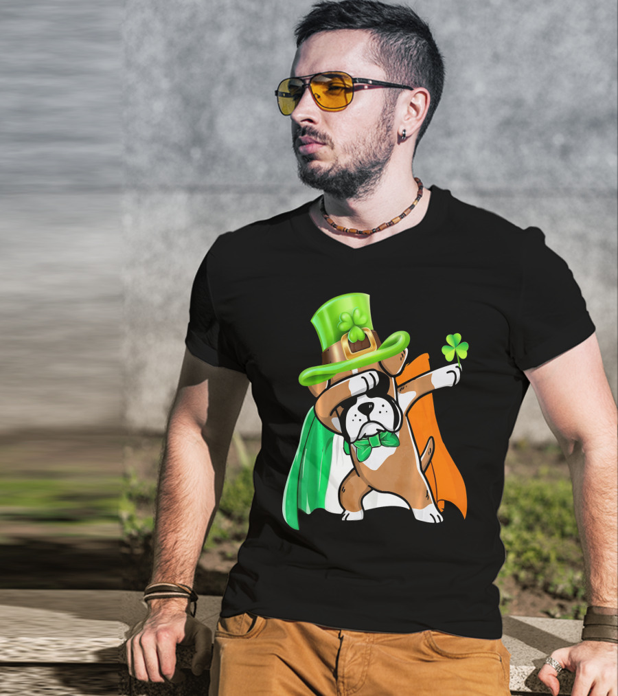 Lucky Boxer Dabbing With Irish Flag And Shamrock Hat T-Shirt