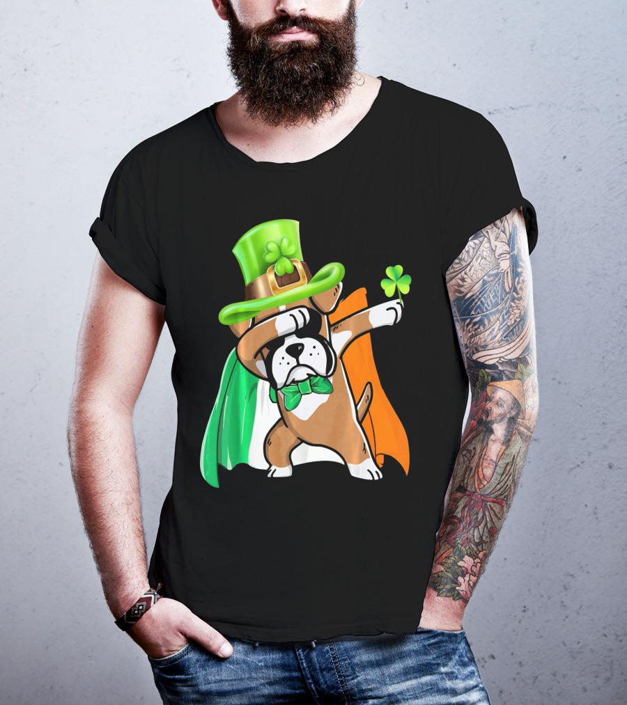 Lucky Boxer Dabbing With Irish Flag And Shamrock Hat T-Shirt
