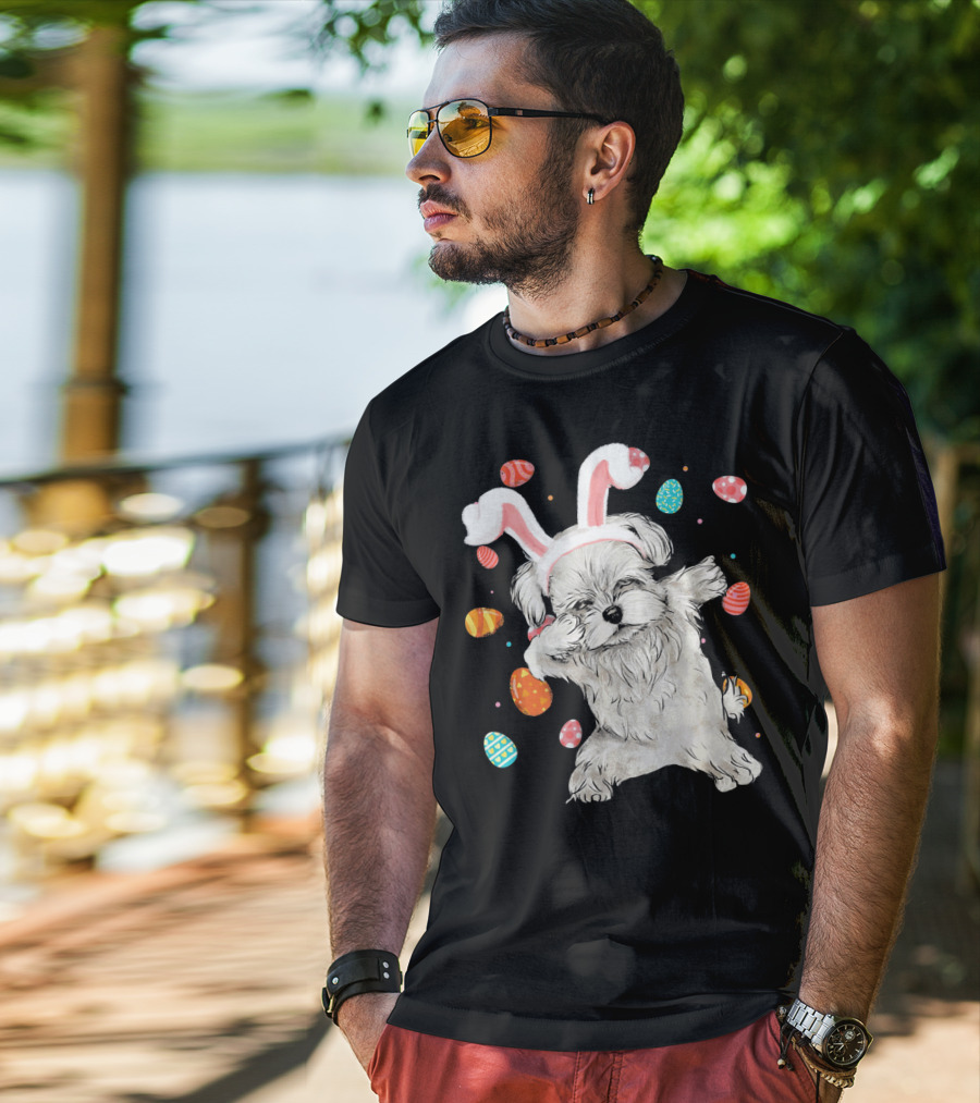 Dabbing Maltese Dog With Easter Bunny Ears And Colorful Eggs T-Shirt