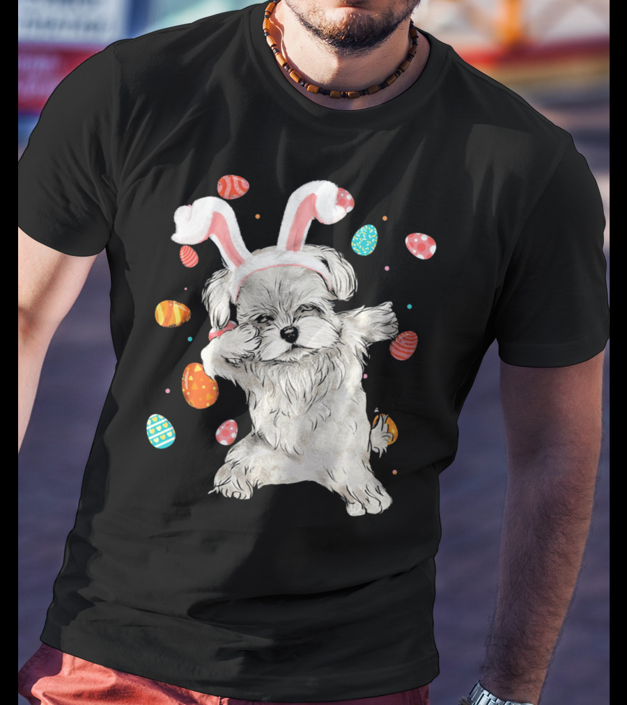 Dabbing Maltese Dog With Easter Bunny Ears And Colorful Eggs T-Shirt