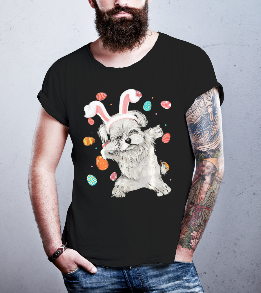 Dabbing Maltese Dog With Easter Bunny Ears And Colorful Eggs T-Shirt