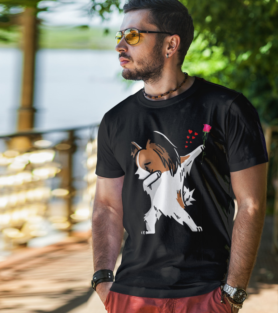 Dabbing Papillon Dog Holding Rose With Hearts For Valentines Day T-Shirt