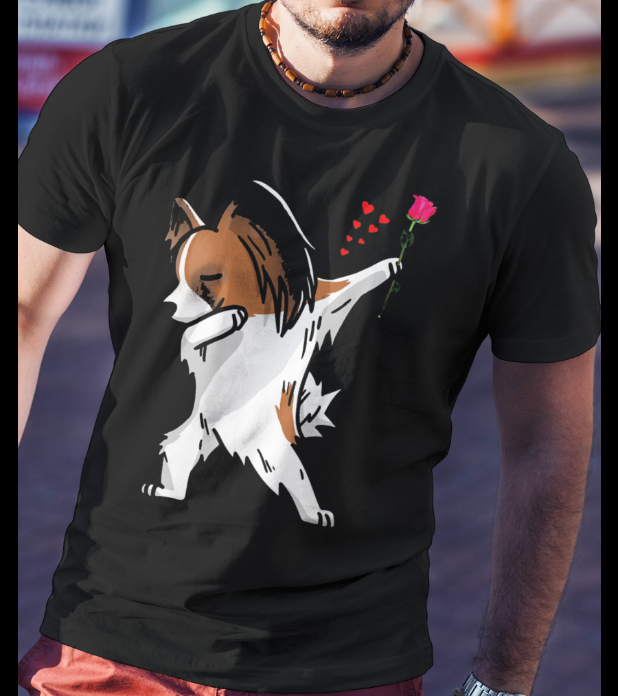 Dabbing Papillon Dog Holding Rose With Hearts For Valentines Day T-Shirt