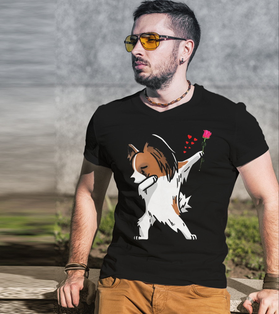 Dabbing Papillon Dog Holding Rose With Hearts For Valentines Day T-Shirt