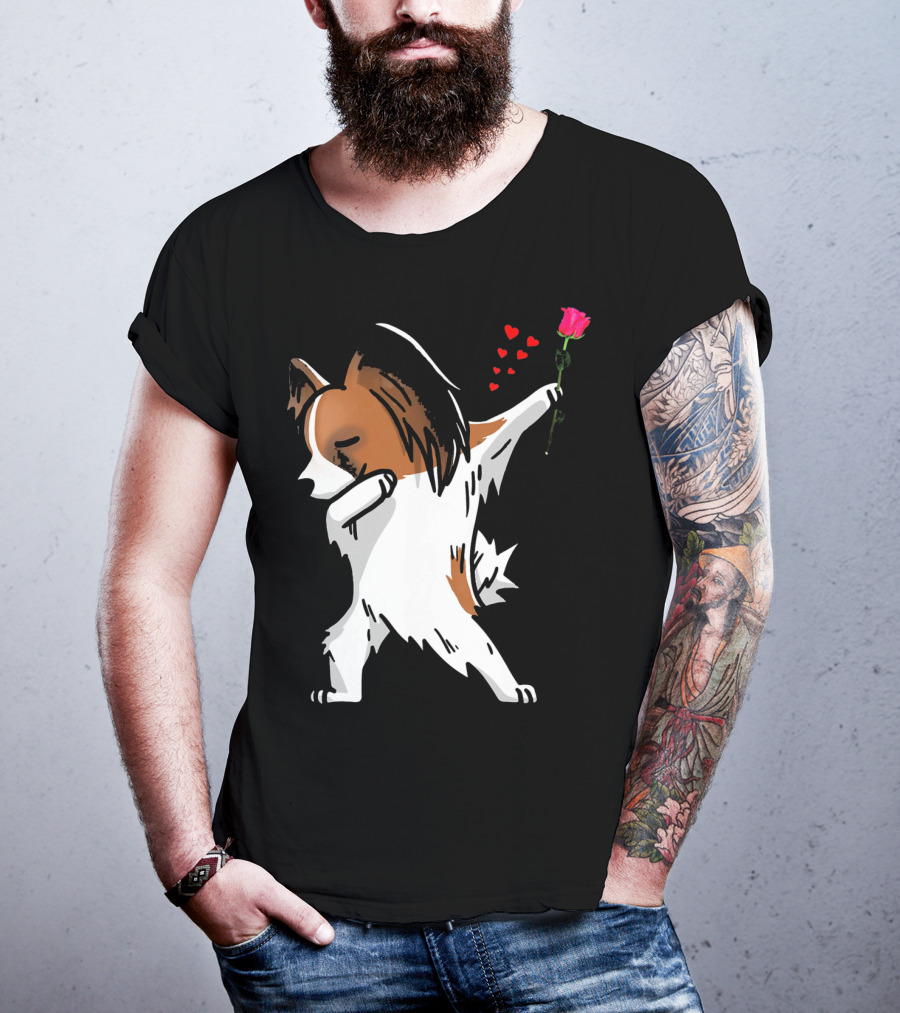 Dabbing Papillon Dog Holding Rose With Hearts For Valentines Day T-Shirt