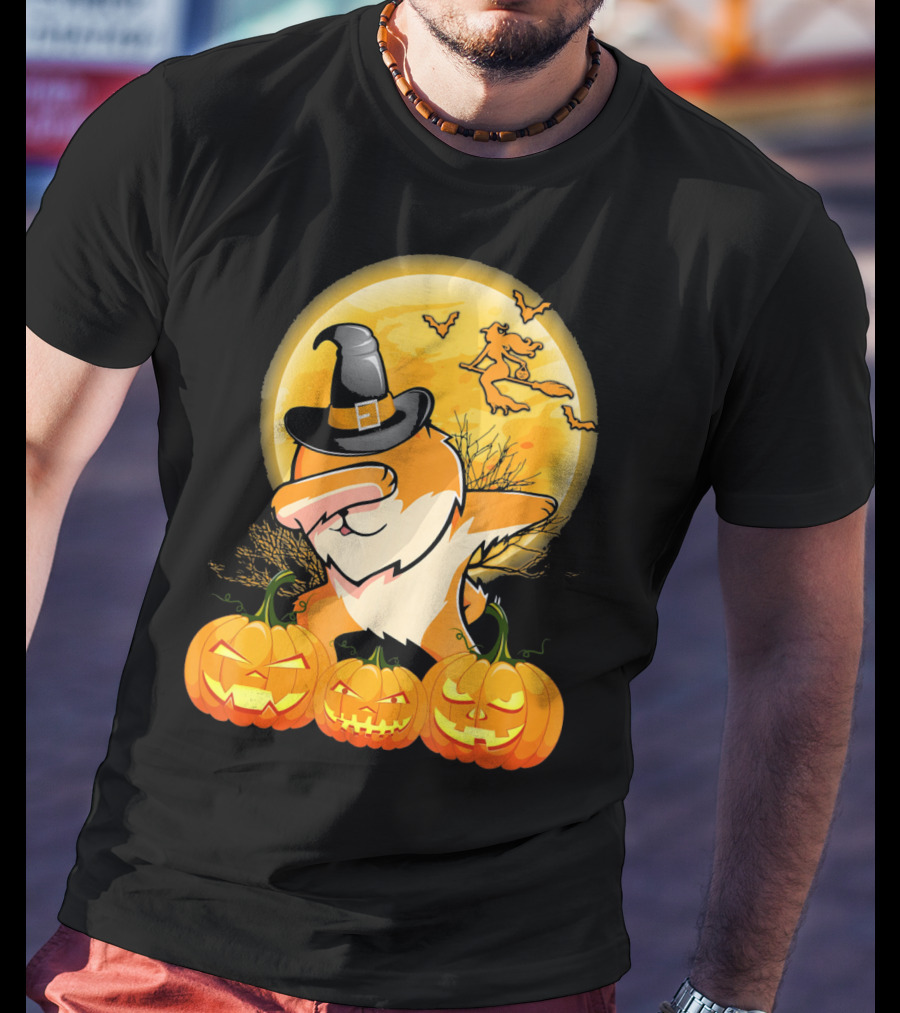 Dabbing Pomeranian Dog Halloween Pumpkin Witch Moon T-Shirt