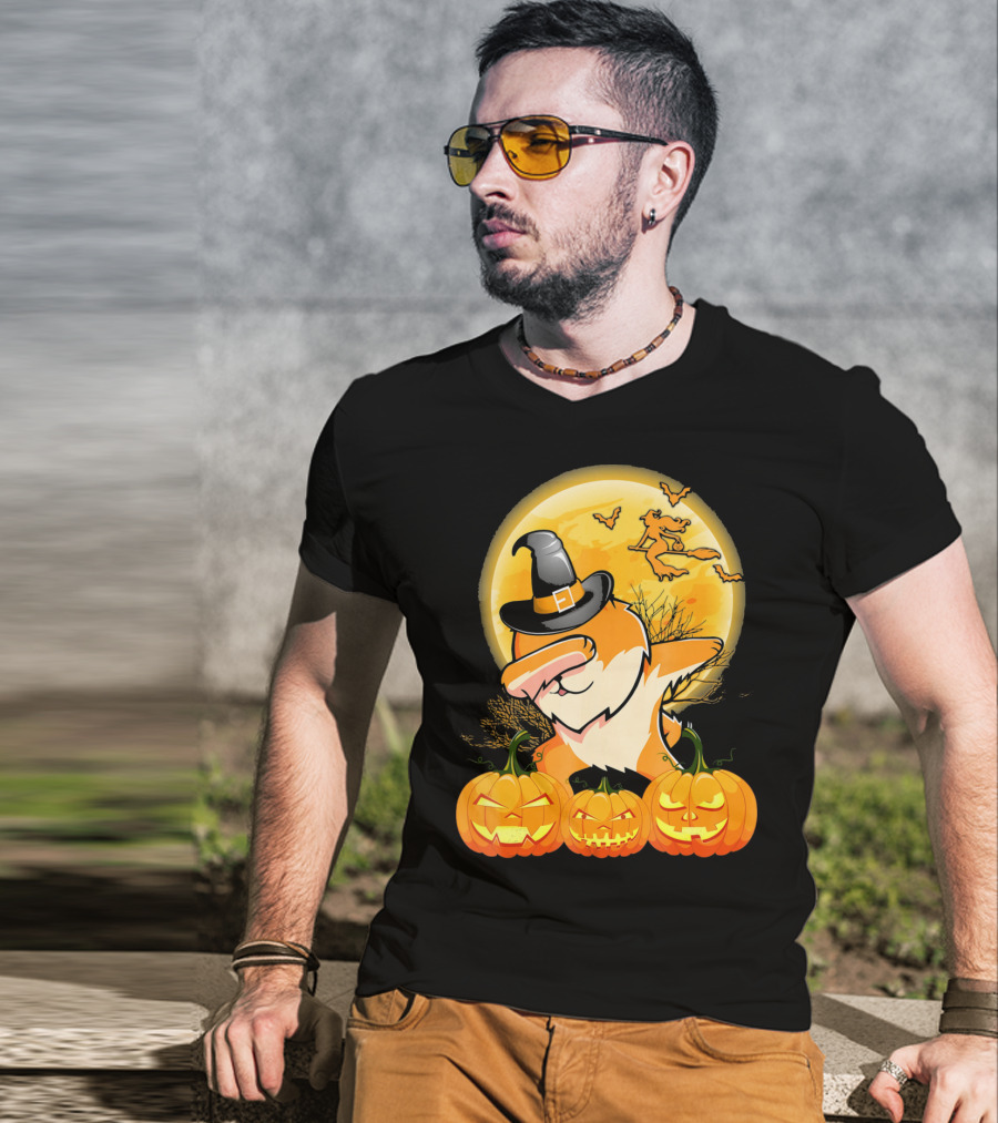 Dabbing Pomeranian Dog Halloween Pumpkin Witch Moon T-Shirt