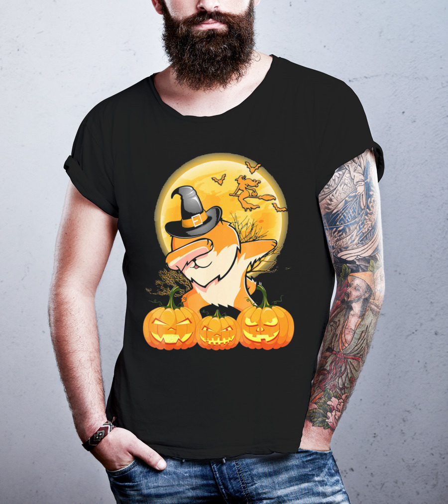 Dabbing Pomeranian Dog Halloween Pumpkin Witch Moon T-Shirt