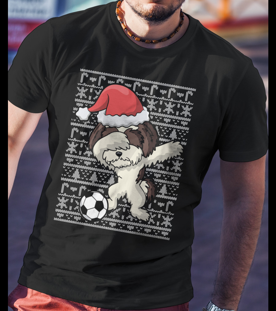 Santa Hat Dabbing Shih Tzu Soccer Ball Holiday Knit T-Shirt
