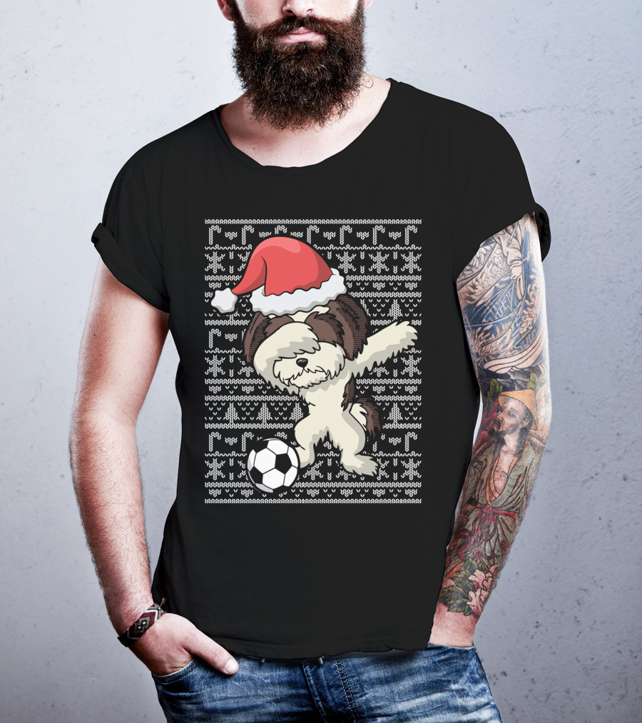 Santa Hat Dabbing Shih Tzu Soccer Ball Holiday Knit T-Shirt