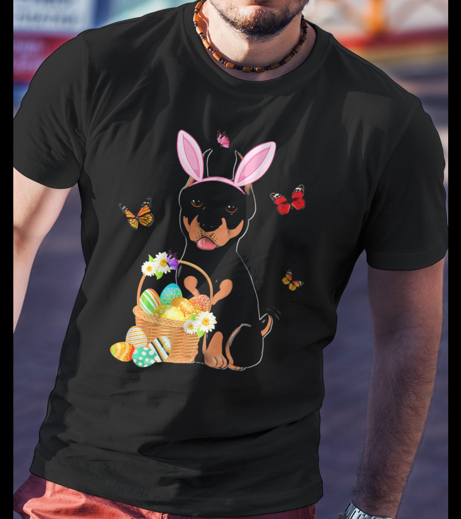 Doberman Bunny Hat Rabbit With Basket Of Easter Eggs And Butterflies T-Shirt