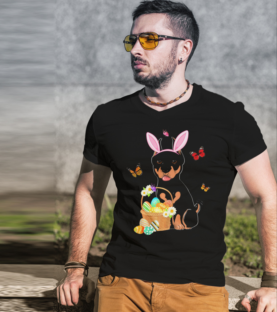 Doberman Bunny Hat Rabbit With Basket Of Easter Eggs And Butterflies T-Shirt