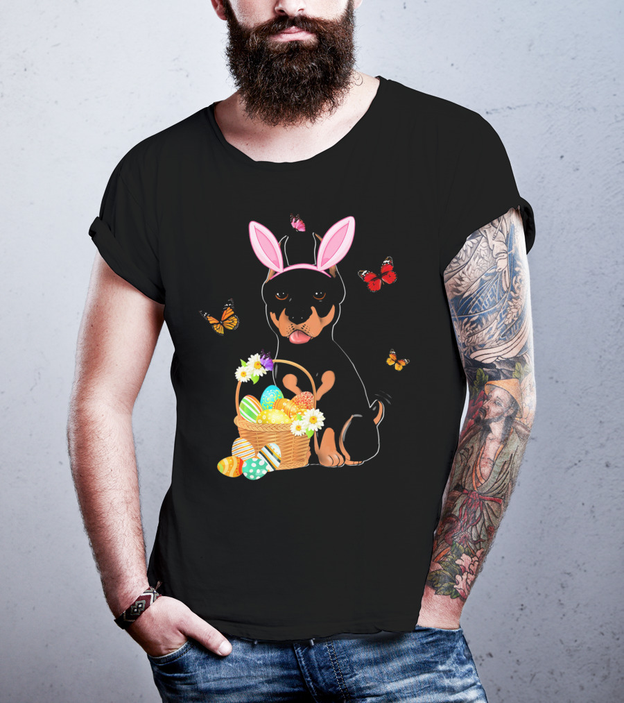 Doberman Bunny Hat Rabbit With Basket Of Easter Eggs And Butterflies T-Shirt