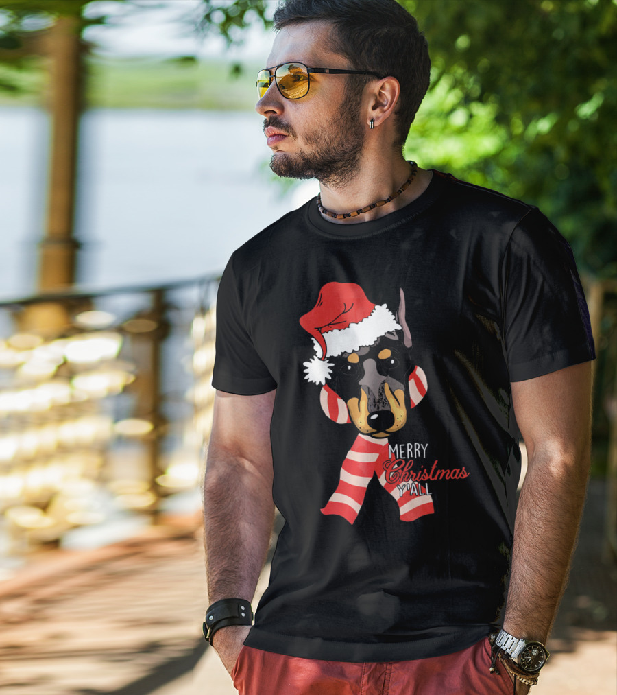 Merry Christmas Y'all Doberman Dog With Santa Hat And Candy Cane Stripes T-Shirt