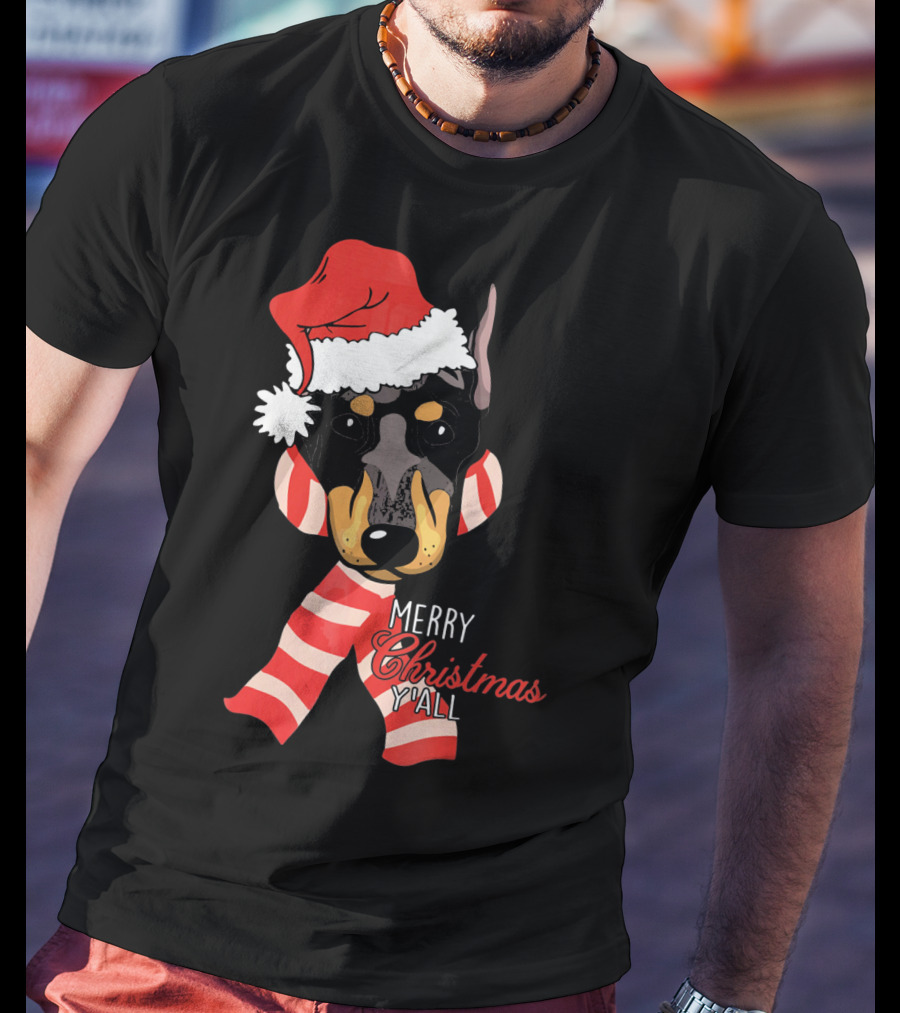 Merry Christmas Y'all Doberman Dog With Santa Hat And Candy Cane Stripes T-Shirt