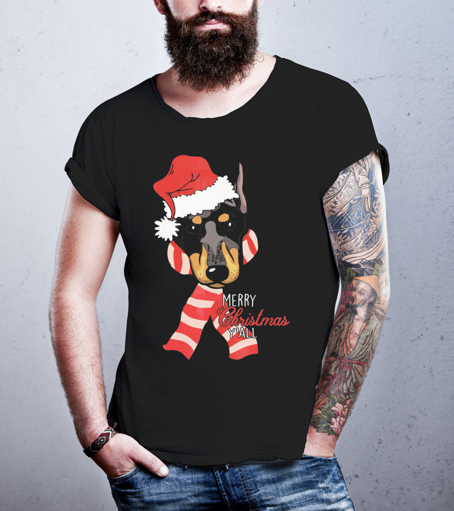 Merry Christmas Y'all Doberman Dog With Santa Hat And Candy Cane Stripes T-Shirt